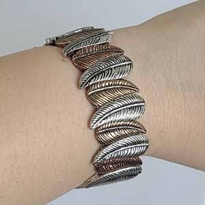 Boho Feather Leaf Silver Copper Metal Two Tone Wide Stretchy Bangle Bracelet